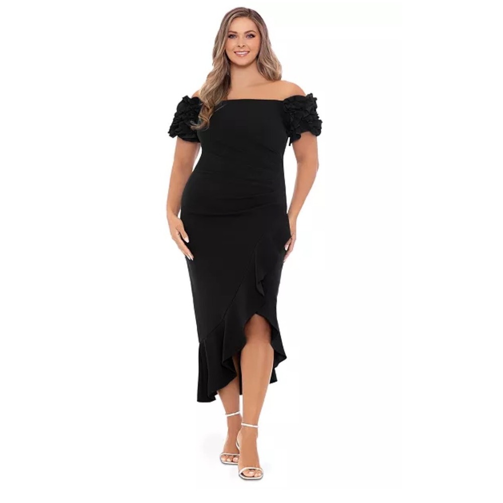 XSCAPE Plus Size Ruffled Off-The-Shoulder Midi Dress 22W Black NEW Formal Party
